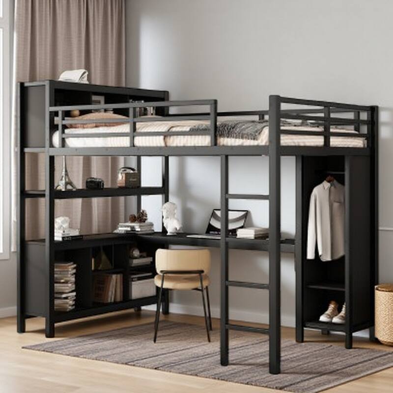 Teen & Adult Metal Loft Bed with L-Shaped Work Desk, Closet & Shelf Storage - Black - Full