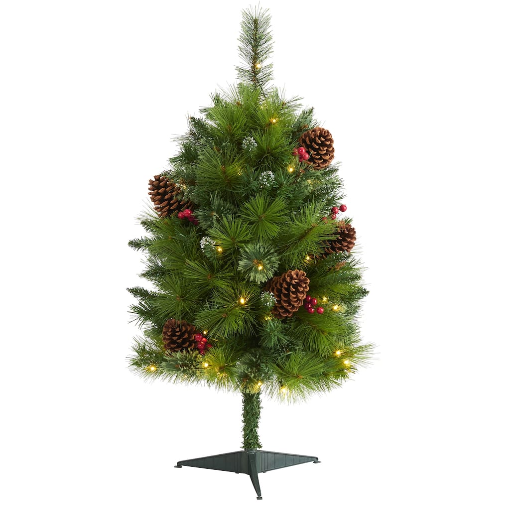 3Ft Artificial Christmas Tree with Lights - Holiday Decor, Pine Cones & Berries - Festive Home Accent - Green - 36