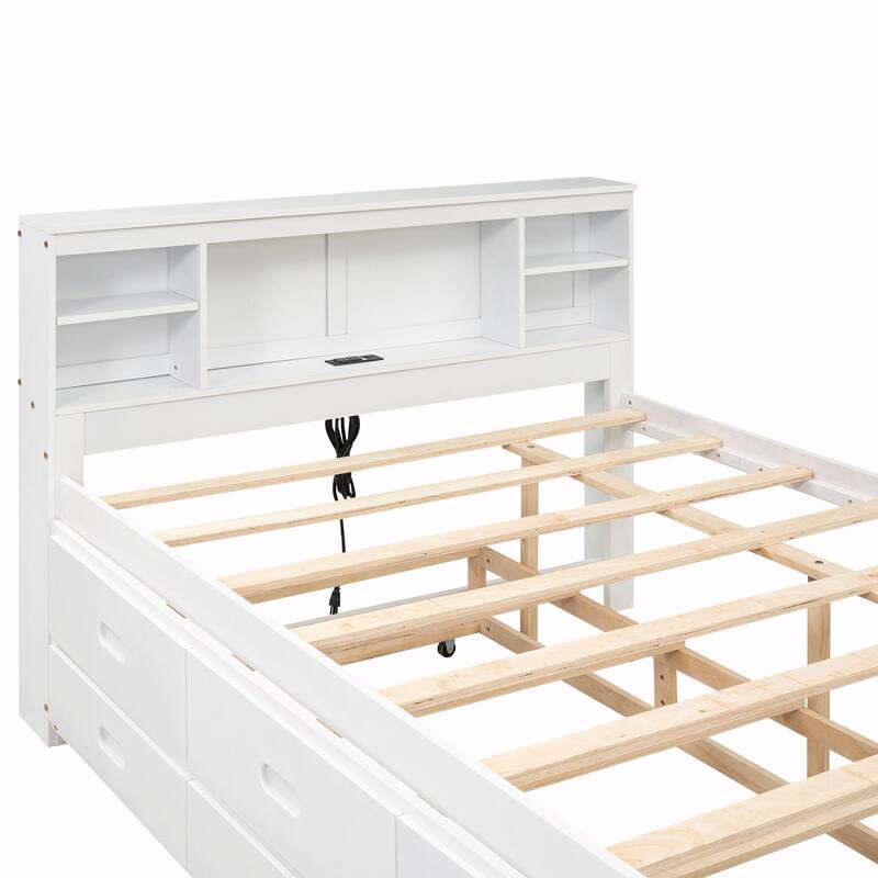 Platform Bed with Storage Headboard, USB Charging Ports, Twin Trundle, 3 Drawers