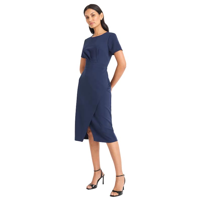 Maggy London Women's Boatneck Short Sleeve Sheath Midi Dress With Wrap Hem And Back Zipper - 8 - Navy Blazer