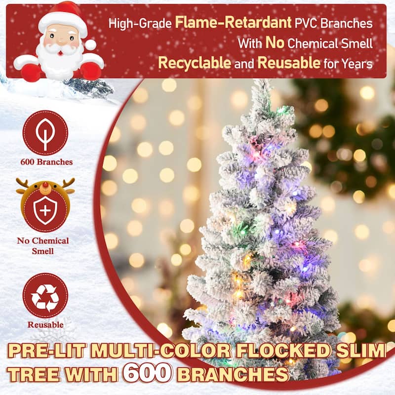 VEIKOUS Pre-Lit Artificial Christmas Tree Pencil Snow with Foldable Iron Stand with LED lights, 5.5/6.5/7.5 ft