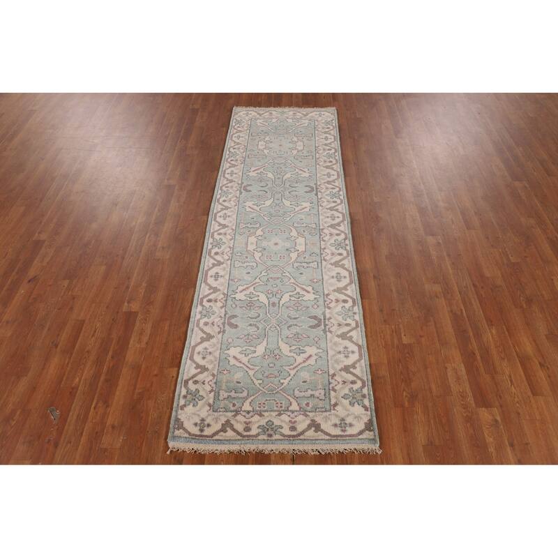 Turquoise Green Oushak Indian Runner Rug Hand-Knotted Wool Carpet - 2'8"x 8'5"
