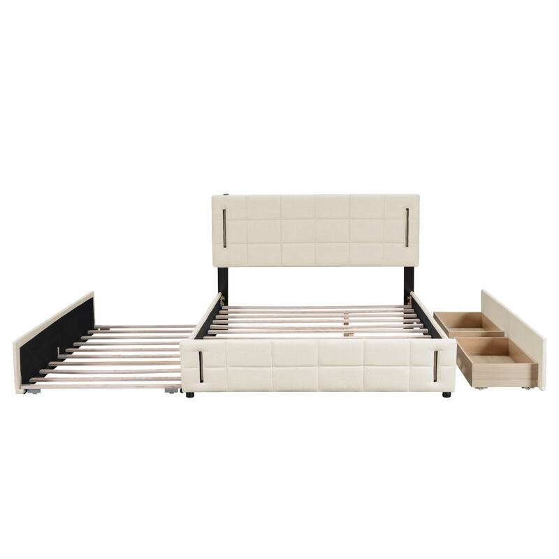 Queen Size Upholstered Platform Bed with Twin Size Trundle Wood Bed