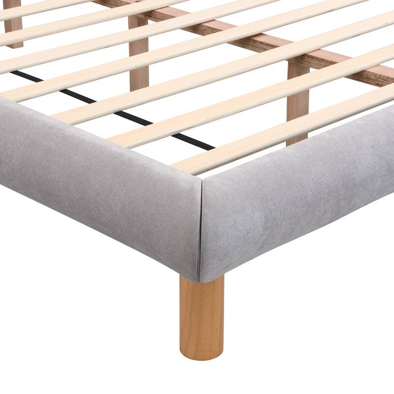 Grey Platform Bed Frame with Cookieshaped Headboard Upholstered Wingback Bed, Low-Profile Grounded Bed with Round Wood Legs