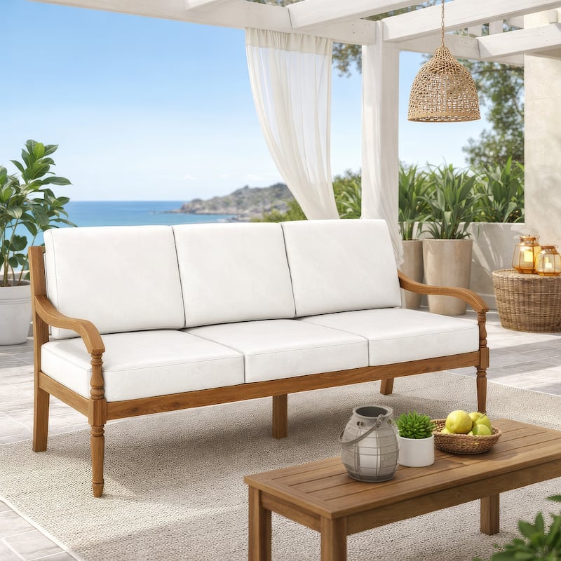 Pena Outdoor Sofa, White Linen Cushions, 76 Inch Brown Acacia Wood