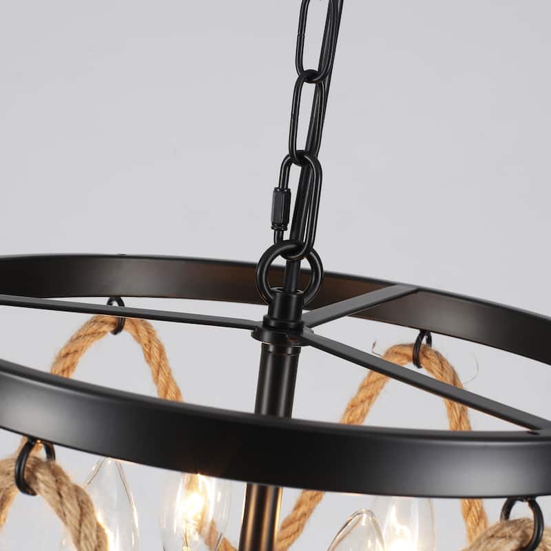 4-Light Drum-shaped Chandelier with Hemp Rope for Kitchen Living Room