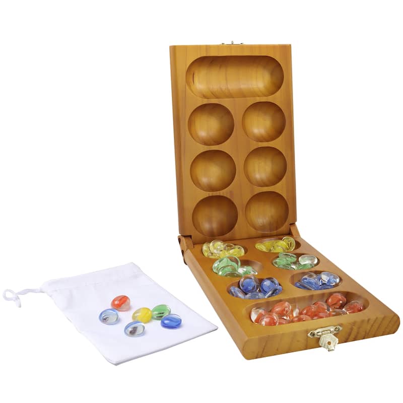 GSE™ Oak Folding Wooden Mancala Board Game with Multi-Color Glass Stones and Storage Bag