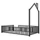 preview thumbnail 35 of 47, Twin/Full Size House Platform Bed with Guardrail and House-Shaped Headboard, Metal Floor Montessori Bed with Chimney Design