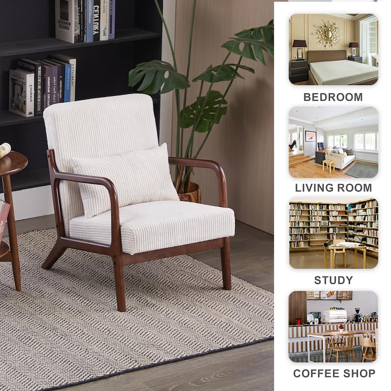 Mid-Century Modern Accent Chair – Upholstered Armchair with Pillow & Solid Wood Frame, Perfect for Living Room, Bedroom.