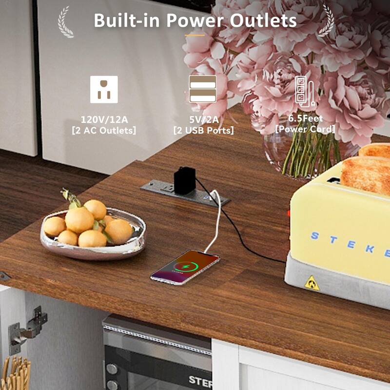 Farmhouse Kitchen Island with Drop Leaf, Power Outlet, Barn Doors, 3-Tier Storage, Rolling Cart on Wheels for Kitchen
