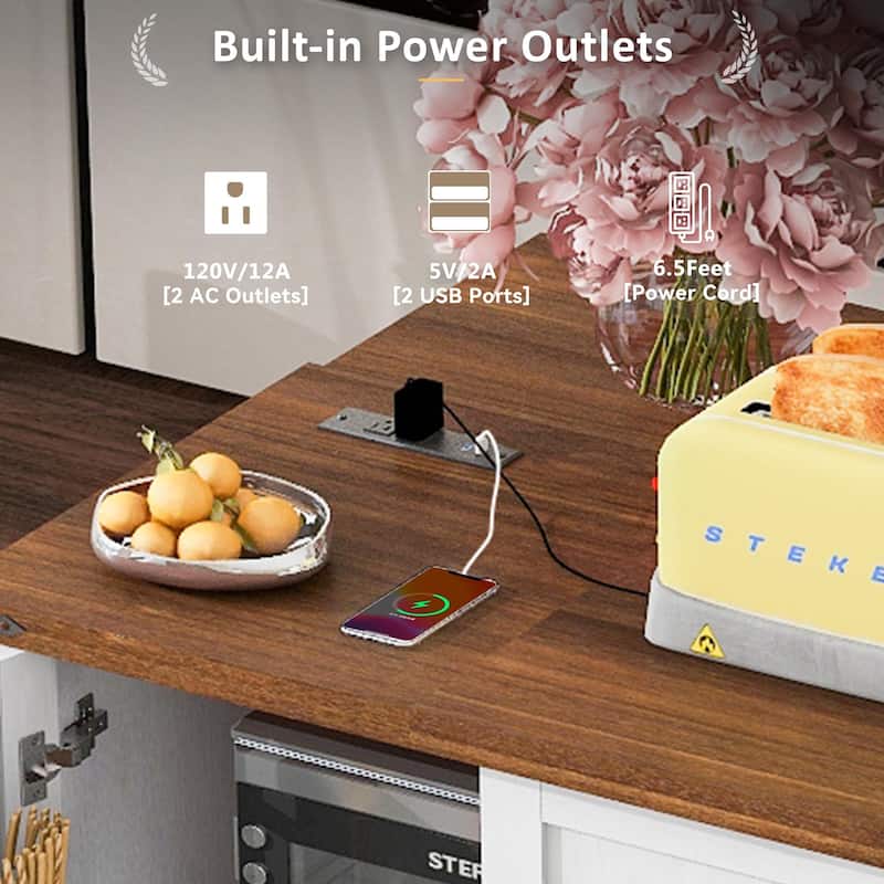Mobile Kitchen Island with Power Outlet, Rolling Kitchen Cart on Wheels, Kitchen Storage Island with Drop Leaf & Drawer