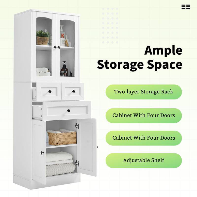 Adjustable Storage Cabinet with Above Glass Door Cabinet and Below Wooden Door Cabinet, Tall Bathroom Cabinet with 3 Drawers