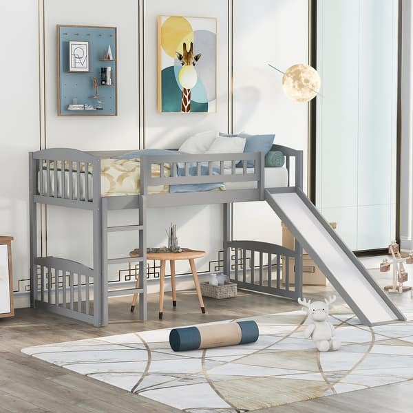 slide 2 of 18, Space-Saving Twin Loft Bed with Slide, Ladder, and Safety Guardrails, Sturdy Pine Wood Frame, Ideal for Kids Gray