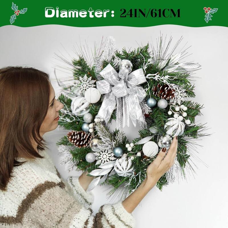 24 Inch Silver White Christmas Wreath for Fireplace Window - N/A