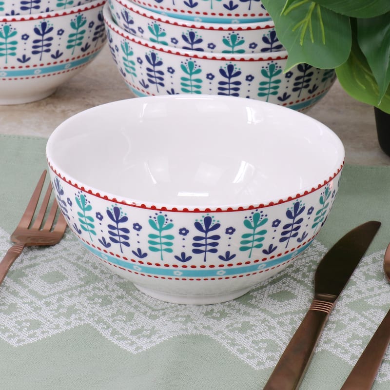 Floral 8 Piece 6 Inch Fine Ceramic Bowl Set in White and Multi Blue
