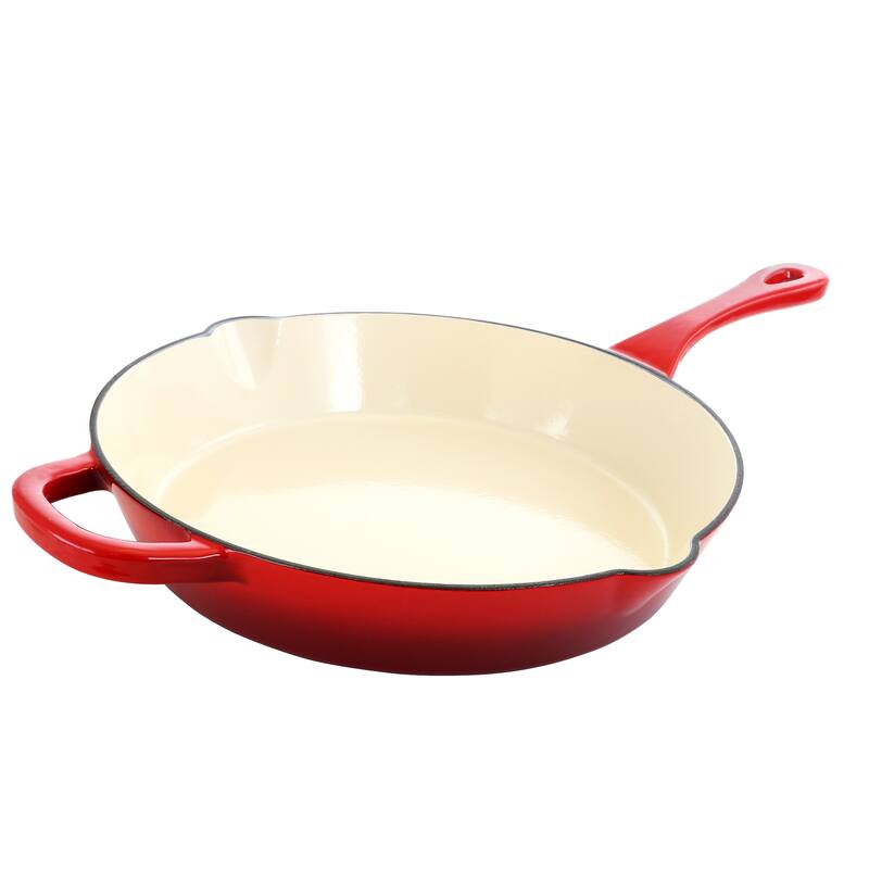 Dual Handle Firey Red 12 Inch Enameled Cast Iron Skillet