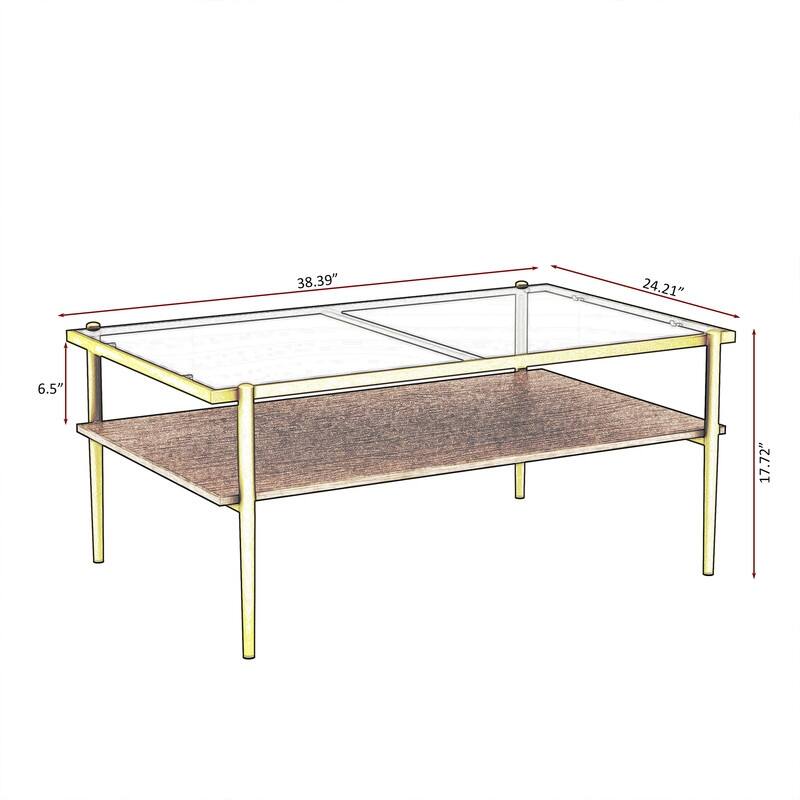 Rectangle Coffee Table with Gray Tempered Glass top & Metal Legs, Modern Table for Living Room