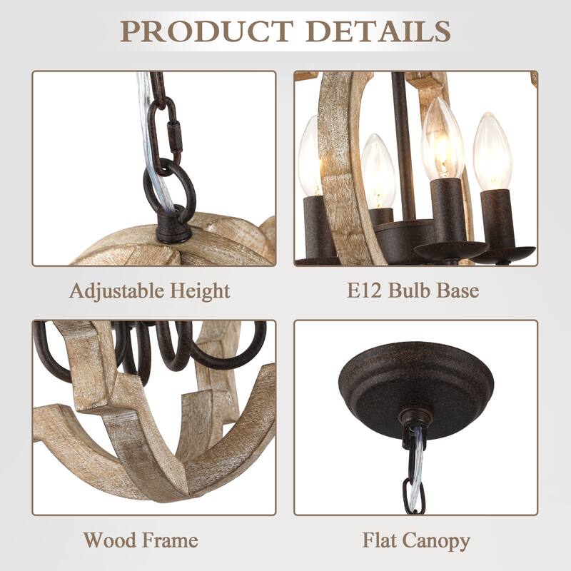 Cusp Barn 4-Light Wood Farmhouse Chandelier, Rustic Dining Room Light Fixture Over Table, Vintage Hanging Pendant Light