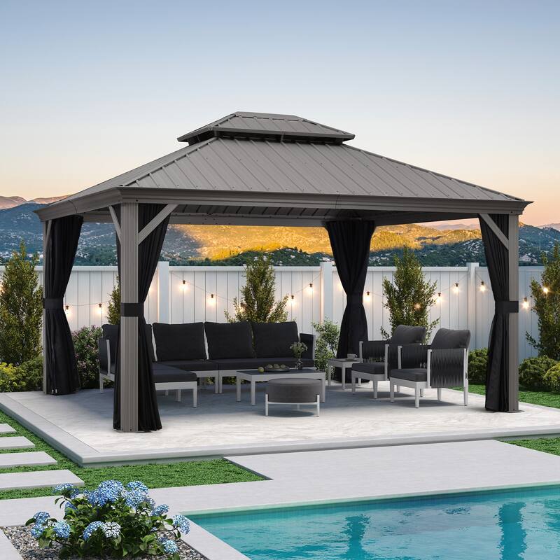 PURPLE LEAF Patio Gazebo for Backyard Hardtop Galvanized Steel Frame with Upgrade Curtain - Light Grey - 12' x 14' - Light Grey