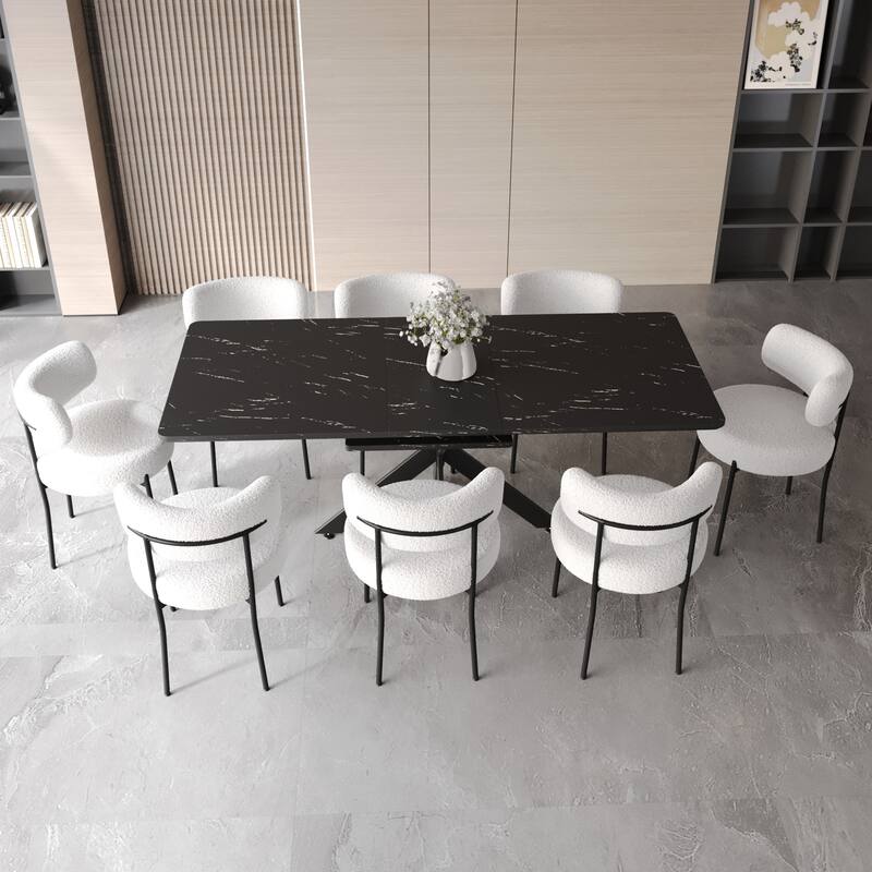Modern Dining Set with Rectangular Extendable Table & Curved Backrest Round Chairs