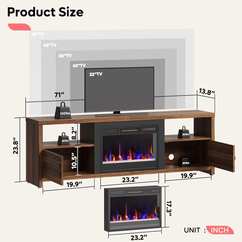 70" TV Stand for 75" TVs with LED Fireplace Light and Cabinet - 71 inches