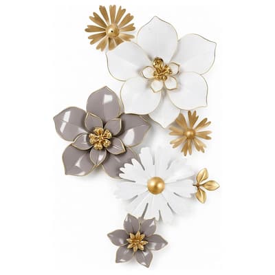 Aria Home Floral Metal Wall Art White Gold 3D Flower Botanical Accent