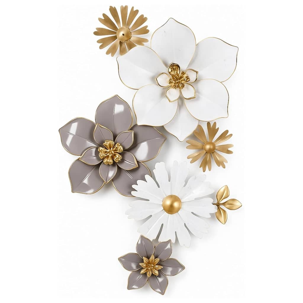 Floral Metal Wall Art Vertical White Gold 3D Flower Accent 36"x19"