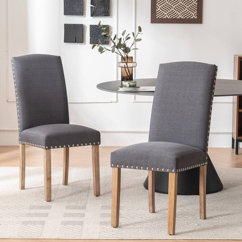 Set of 2 Gray Fabric Dining Chairs with Nailhead Trim - Grey
