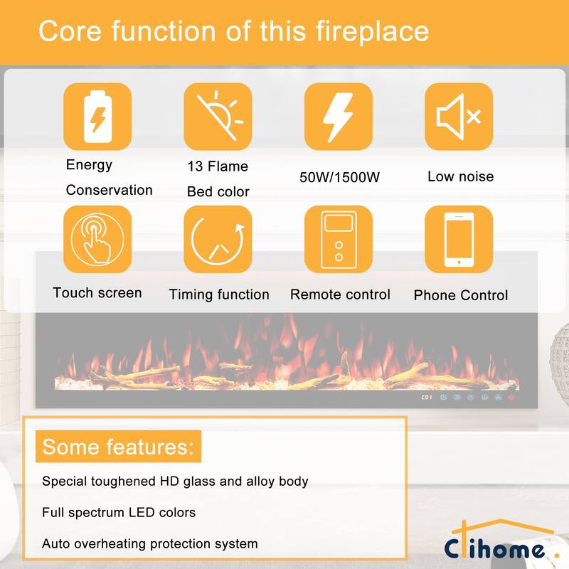 Clihome 42-88 INCH Recessed Wall-Mounted Intelligent Control Electric Fireplace