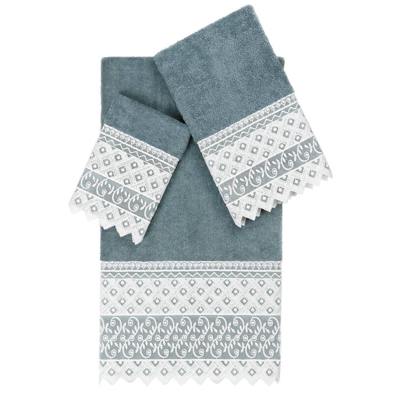 Authentic Hotel and Spa 100% Turkish Cotton Aiden 3PC White Lace Embellished Towel Set - Teal
