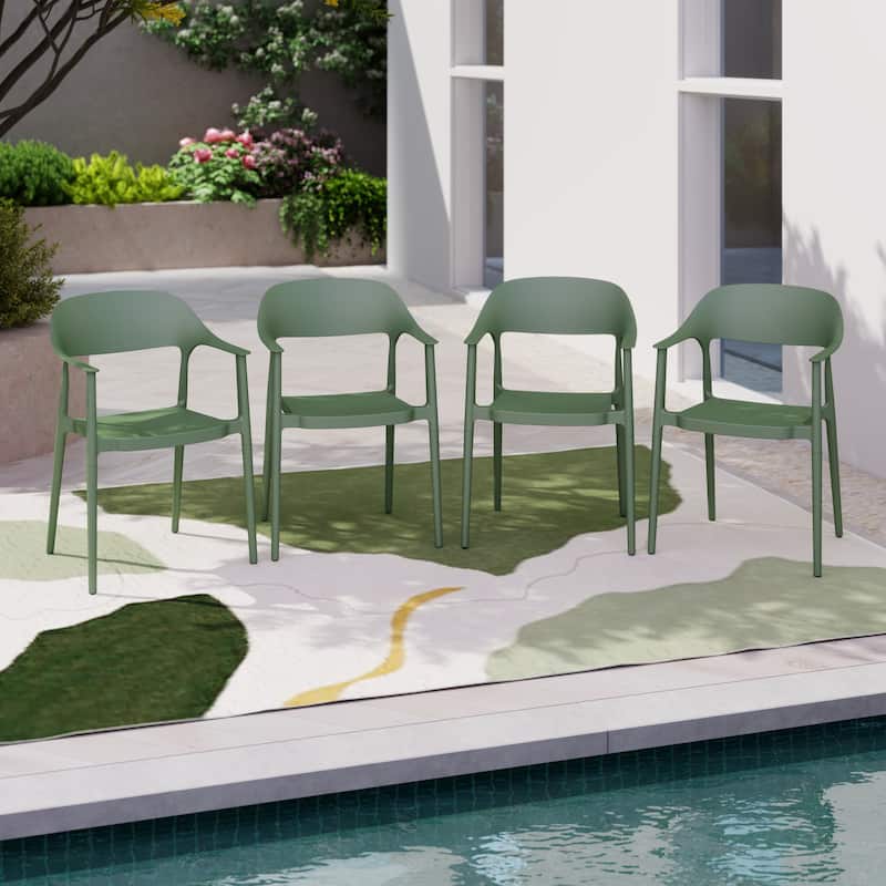 Outdoor Stackable Plastic Chairs Dining Chair Set 4-Piece Lightweight Curved Backrest Armchair - Green