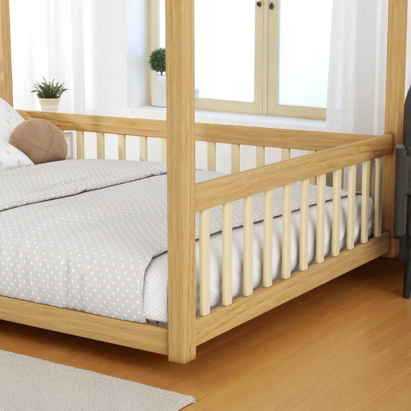 Full Size Wooden Canopy Floor Bed with Guardrails and Fence, Rubber Wood Frame, Kids Montessori Bed