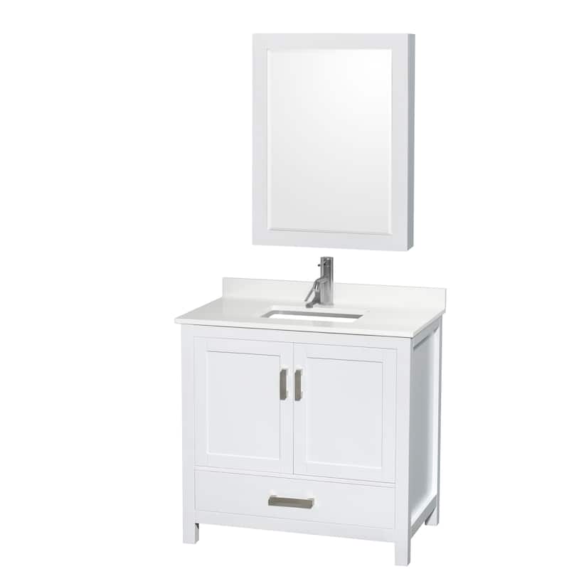 Sheffield 36-inch Single Vanity, Single Hole Quartz Top, Med Cabinet - White, Chrome Trim, White Quartz Top