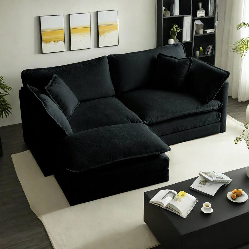 3-Piece Modular Chenille Upholstered L-Shaped Sectional Sofa with Ottoman - Black