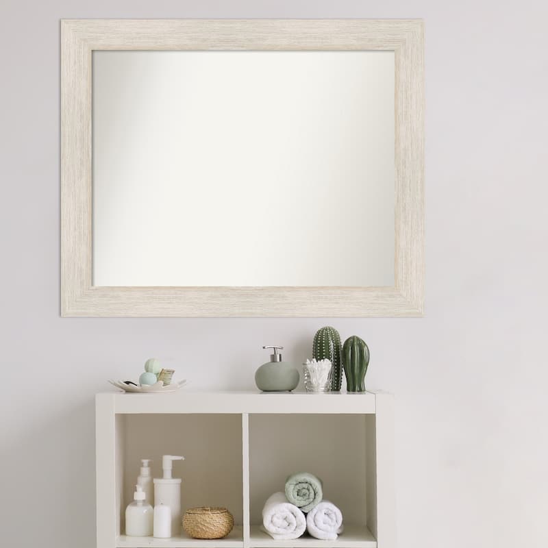 Non-Beveled Wood Bathroom Wall Mirror - Hardwood Whitewash Frame