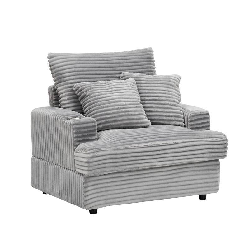 Modern Corduroy 1-Seater Sofa with Ottoman Bench and Cup Holder, Plush Gray Couch with Pillows