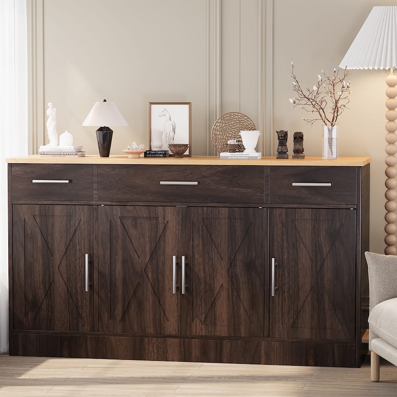 Farmhouse Kitchen Buffet Storage Cabinet, Sideboard - Brown/Yellow