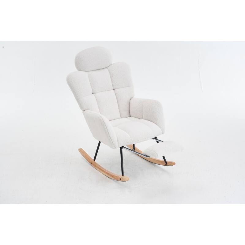 Teddy Fabric Upholstered Nursery Rocking Chair with Pillow & Footrest Modern Accent Armchair Padded Seat with High Backrest