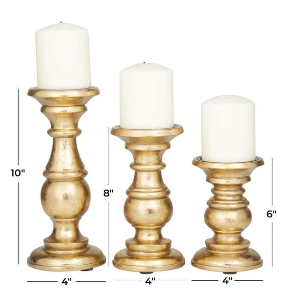 dimension image slide 2 of 6, Mango Wood Turned Style Pillar Candle Holder (Set of 3) - White, Brown, Gold, Black, Light Blue, Cream, Silver