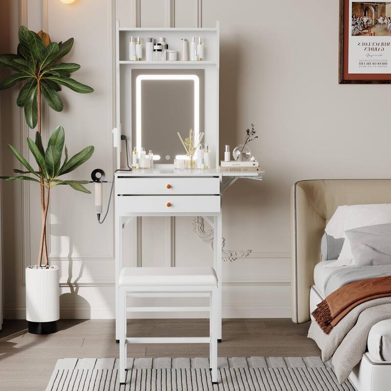 Small Makeup Vanity Desk with LED Mirror, Foldable Side Panel, 2 Drawers
