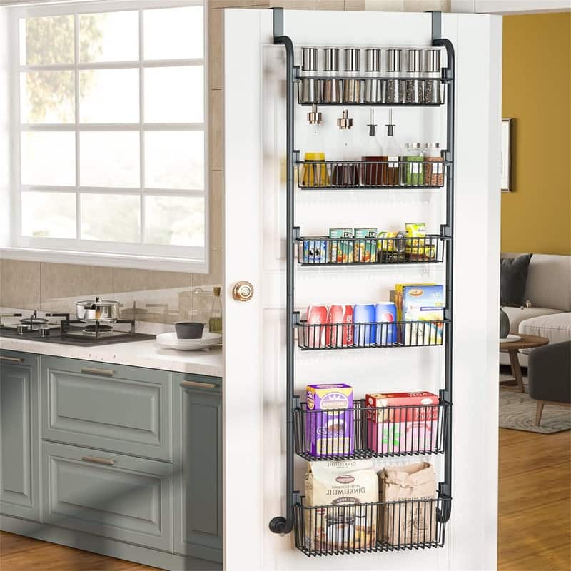 6Tier Over the Door Pantry Organizer HeavyDuty Metal with 6 Baskets - 6.69"D x 17.12"W x 59.05"H - Black 4x4.72"+2x5.9" Width Baskets