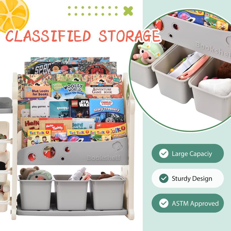 Kids Bookshelf Toy Storage Organizer,17 Bins,5 Bookshelves,Nursery Organizer Kids Furniture Set Toy Cabinet Unit,HDPE Shelf,Bins