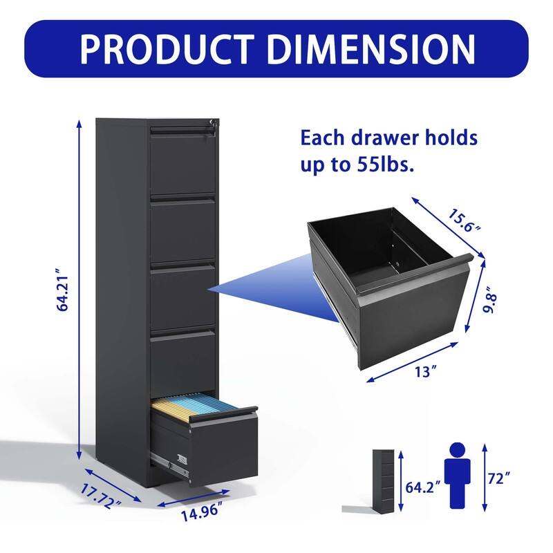 5 Drawer Metal Vertical Filing Cabinet with Lock,A4 Legal/Letter Size