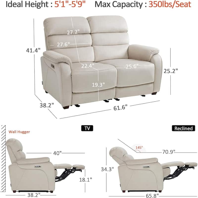 MCombo 61.6'' Wall Hugger Power Loveseat Recliner Sofa with Adjustable Headrest and USB A & C Charge Ports