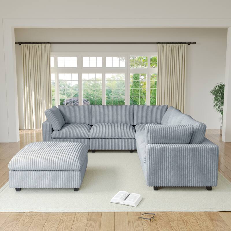Cloud Corner Sofa Soft Plush Upholstered Modular Sectional Sofa Down Filled Living Room Couch - Grey with Ottoman