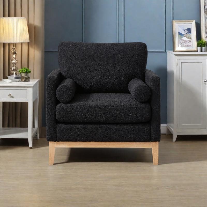 Boucle Modern Farmhouse Armchair with Natural Wood Legs, 2 Bolster Pillows & 300lb Weight Capacity - Black