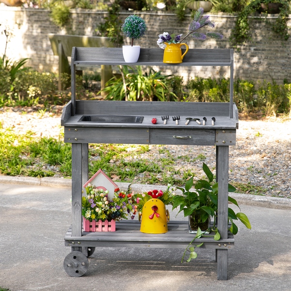 Outdoor potting bench with wheels hot sale