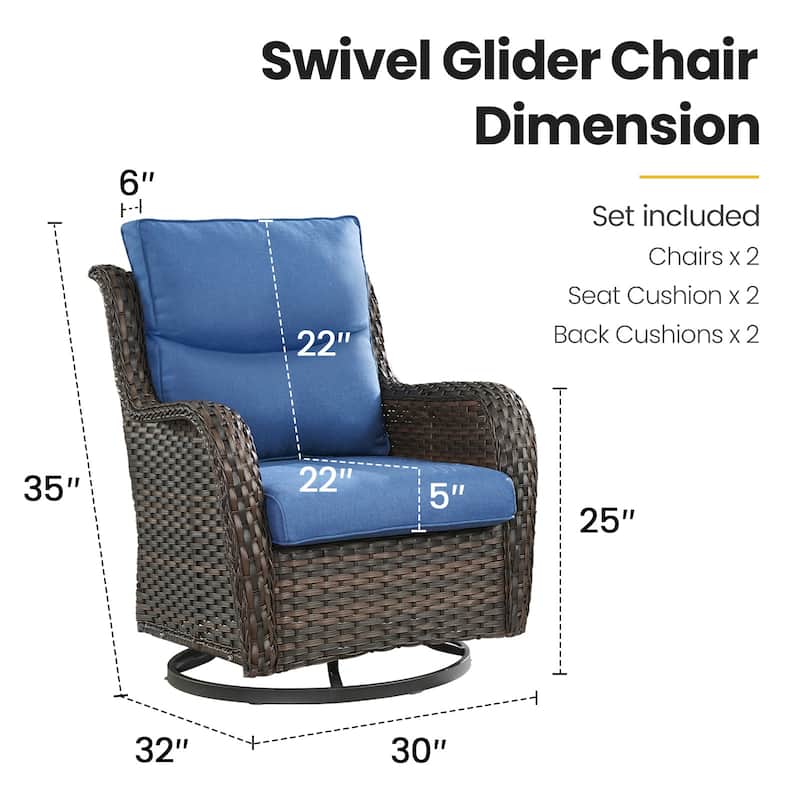 Swivel Patio Wicker Chairs Set of 2- Blue cushion - Brown