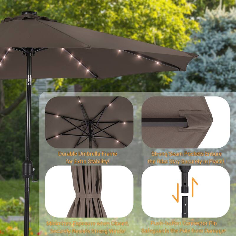 LIVOOSUN 10Ft Solar-powered Large Round Outdoor Patio Market Umbrella with Crank