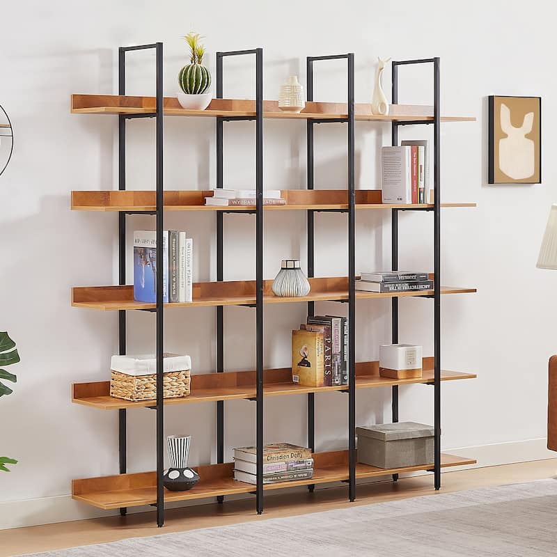 5 Tier Bookcase Home Office Open Bookshelf, Vintage Industrial Style Shelf, MDF Board, Black Metal Frame